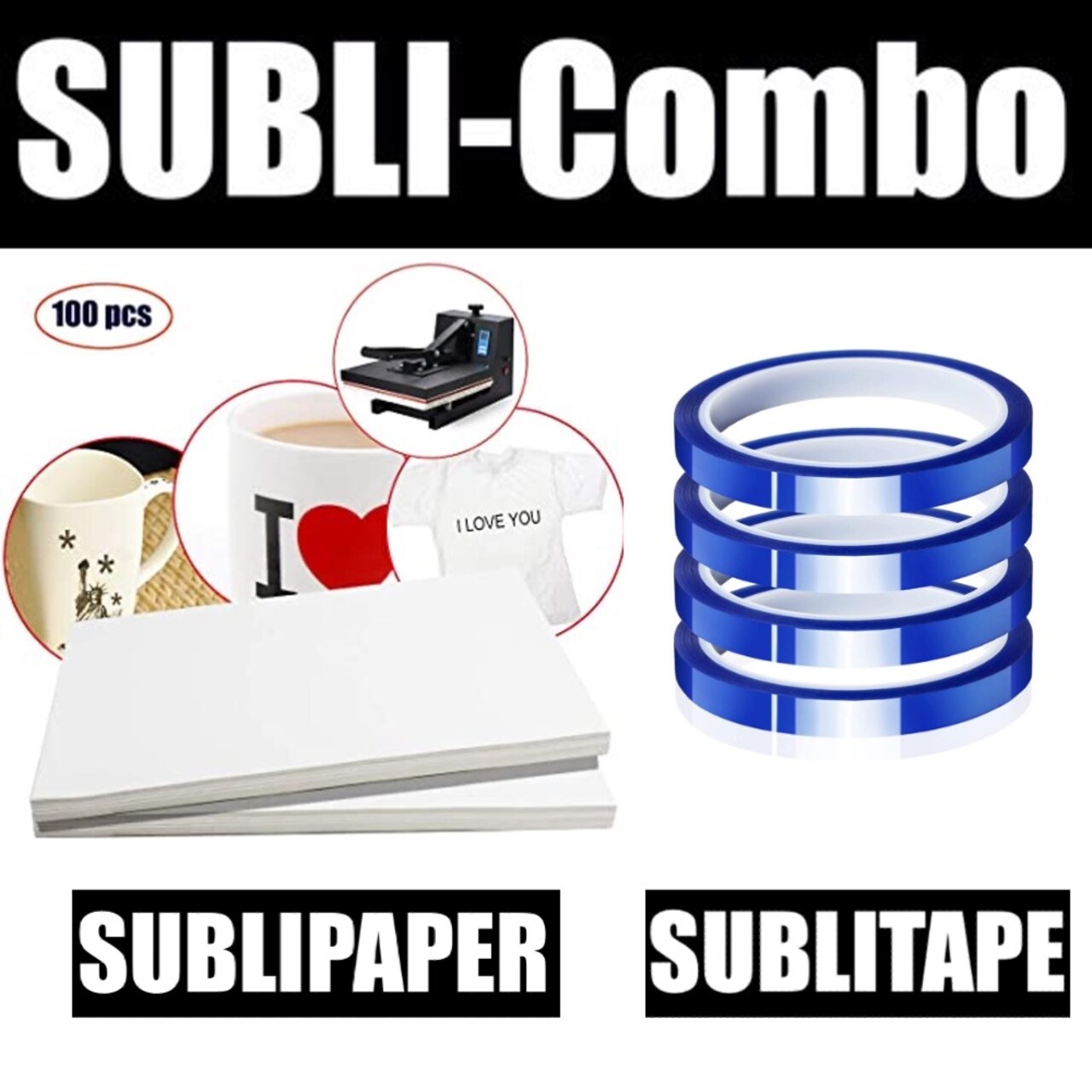 Dye Sub COMBO 4 Rolls BLUE HEAT RESISTANT Tape 4mm x 33m + 100 Sh 8.5”x11” SUBLIPAPER